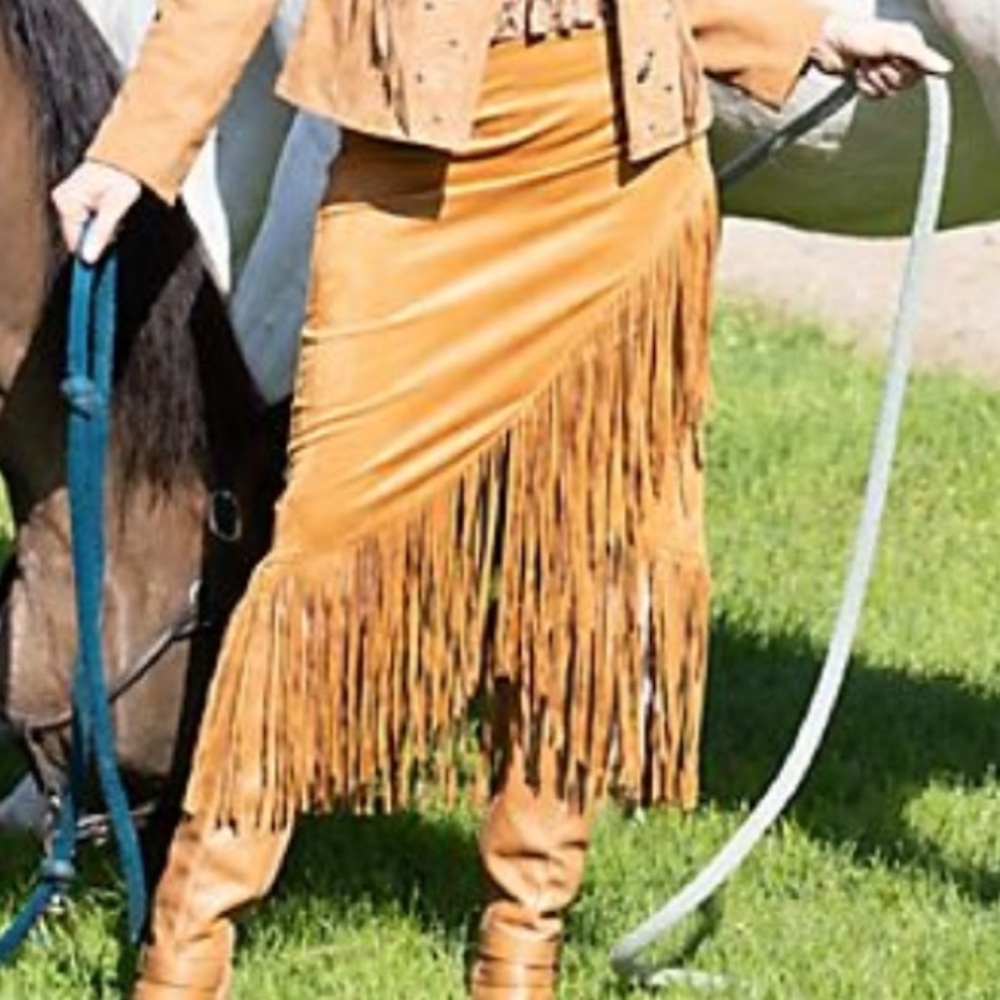 American West Camel Asymmetrical Fringe Midi Skirt - Picture 5 of 12